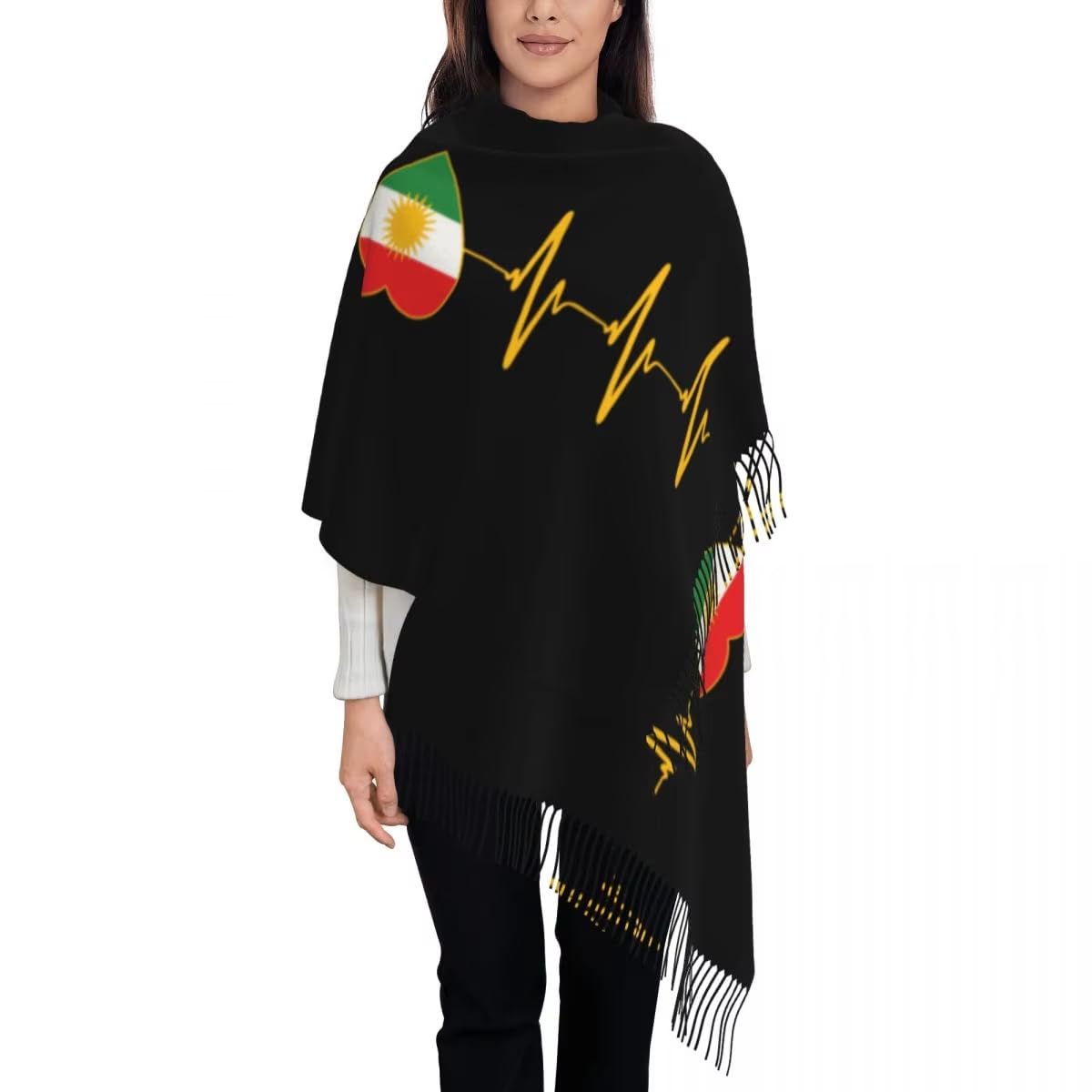 Kwqdozf Women's Kurdistan Winter Long Soft Warm Scarves - Novelty Heartbeat Printed Kurdish Flag Wraps Fringe Anti Chill Shawl, Stole F