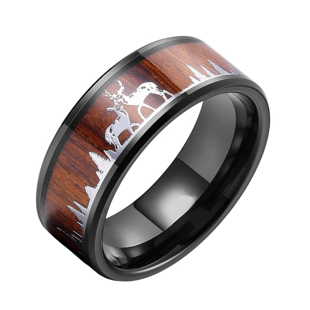 Men's Stainless Steel Reindeer Ring With Wood Inlay – Stag Silhouette Wedding Band, Size 9