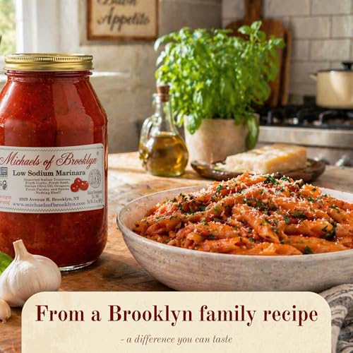 Image of Michael's of Brooklyn Low Sodium Marinara Sauce, 32oz Jar (Pack of 2) - Non-GMO, Gluten Free Italian Pasta Sauce - With Italian Tomatoes, Garlic, Basil and Olive Oil - For Spaghetti, Lasagna & Pizza