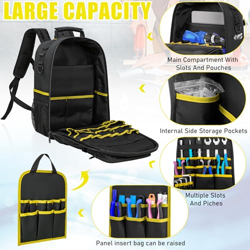 Image of Tool Backpack, Heavy Duty Tool Bag with Padded Shoulder and Removable Tool Organizer, Water-Resistant Work Backpack, for Electrician, Plumber, HVAC, Cable Repairman, Black & Yellow