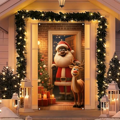 Image of BlissYard Christmas Door Banner Reindeer Santa 35x71 Inch Polyester