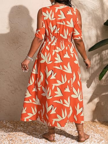 Image of Floerns Women's Plus Size Cold Shoulder Tropical Print V Neck Flared A Line Long Dress