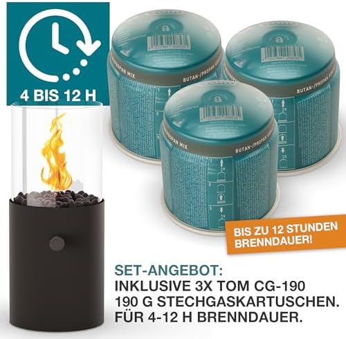 Bild 2 - TOM Innovation XXL Gas Tischkamin - 12 Stunden Brenndauer für Indoor & Outdoor – Tisch Kamin Set – Tischfeuer mit Deko-Steinen – Plus 3X 190 g Stechgaskartusche