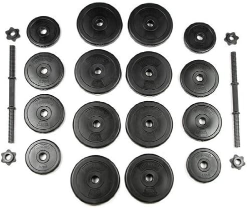 All dumbbell components laid out: two bars, four star locks, and various plastic weight plates