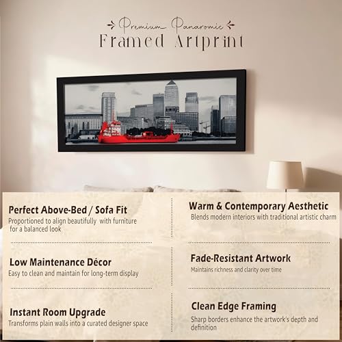 Image of PAINTINGMANTRA London City Sea View with Ship Black and White Wall Art Framed Luxury Paintings for Home Decoration, Living room, Bedroom and Office Decoration (99x38 CM)