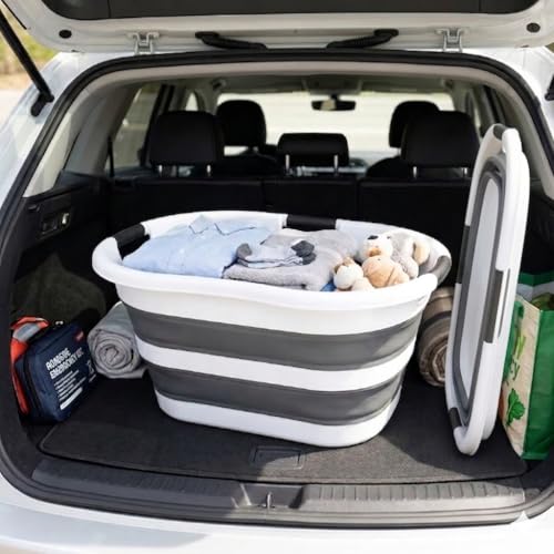 Image of SAMMART 40L (10.5 gallon) Set of 2 Collapsible Plastic Laundry Hamper - Foldable Pop Up Storage Container /Organizer - Portable Washing Tub - Space Saving Basket (2, Steel Gray+Quartz Pink)