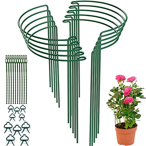 10 Pcs Plant Support Stakes Half Round Plant Support Stake 9.8"W x 15.7"H Garden Outdoor Plant Support Ring Cage Detachable Metal Plant Cage Holder with 10 Pcs Plant Ties and Garden Plant Clips (10 Pcs)