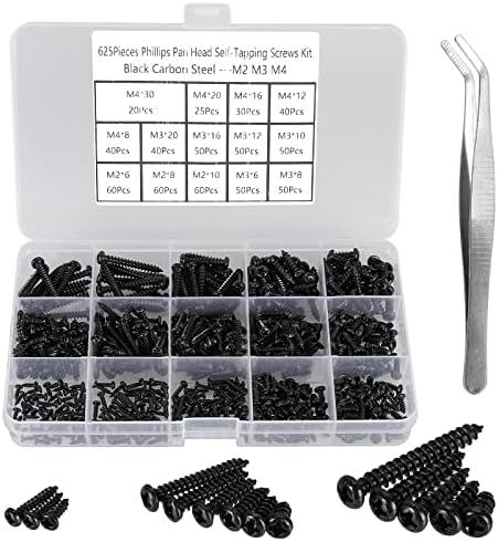 FandWay 625Pcs M2 M3 M4 Phillips Pan Head Self-Tapping Screws, Carbon Steel Round Head Tapping Screws,Black Wood Screws Assortment Set with Storage Box and 1 Tweezers.