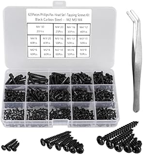 FandWay 625Pcs M2 M3 M4 Phillips Pan Head Self-Tapping Screws, Carbon Steel Round Head Tapping Screws,Black Wood Screws Assortment Set with Storage Box and 1 Tweezers.