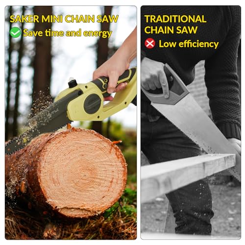 Image of 20V Chargeable Cord Less, 8 Inch Mini Cordless Automatic Chain Tension, Mini Cordless Handheld Chainsaw & 2x2.0AH, 2 chains, 2 guide bars Battery and Charger for Home (Yellow)