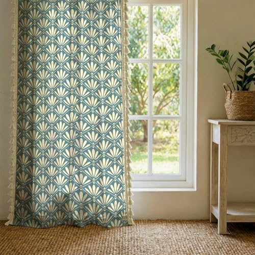 Image of Urban Space Boho Decorative Curtain for Window, 100% Cotton Curtain 5 Feet Long, 1 piece Curtain with Tassels, 60-65% Room Darkening with Tieback and Eyelets (Amaya Dusty Blue, 5 Feet)