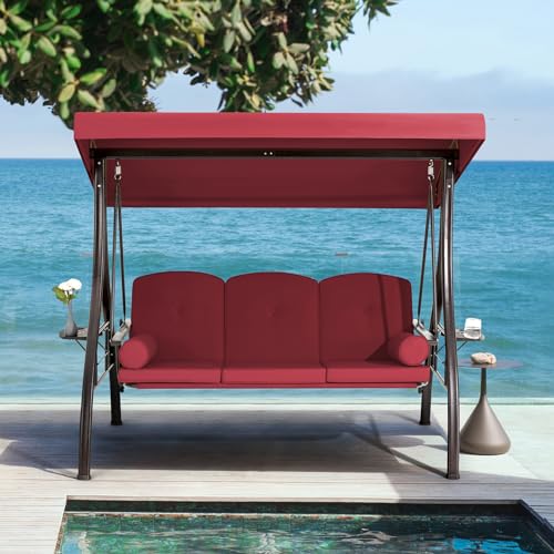 Image of HOMREST 3 Person Outdoor Porch Swing with 1.5 inch Upgraded Cup Holder, Adjustable Canopy, Backrest, Patio Swing Bed with Weather Resistant Steel Frame, Cushions for Garden,Deck and Poolside(Wine Red)