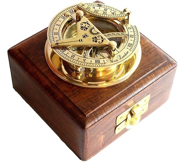 Medieval Brass Sundial Compass -Solid Brass Pocket Sundial - West London with Wooden Box