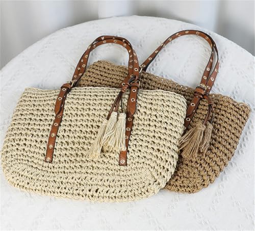 Bolso de hombro tejido de paja con tachas para mujer miniatura 7