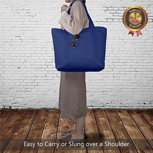 Image of TOPDesign 1-Pack Canvas Tote Bag with an External Pocket, Reusable Grocery Shopping Bag, Top Zipper Closure, Daily Essentials (Blue)