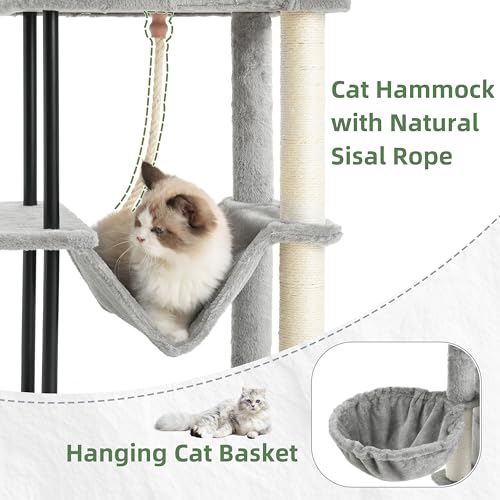Image of Gitelsnour Cat Tree, 43.3'' Cat Tower with Hammock for Kittens GCT004SW | Cat Condo House for Small Indoor Cats, Basket, Scratching Post, Large Platform, Sturdy Steel Tube, Sisal Rope, Light Gray