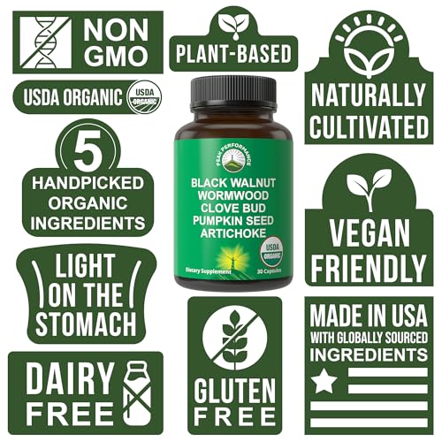 Image of USDA Organic Wormwood Black Walnut Clove Cleanse for Humans. Elimination Detox + Intestinal Support Capsules Supplement for Adults and Kids. Pills with Artichoke and Pumpkin Seed for Added Benefits