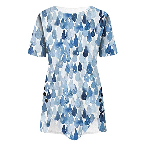 Light Blue Xxl Shirts For Teens Girls Short Sleeve Crew Neck Casual Button Down Blouse Flower Print Asymmetrical Blouses Plus Size Tops Tunic Tops #TOP4