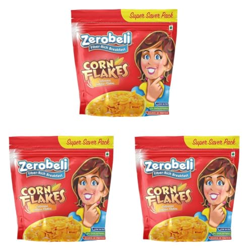 Image of Zerobeli Delicious Low Fat Golden Corn Flakes 1kg Super Saver Pack - 0% Cholesterol and Trans Fat Free (Pack of 3)