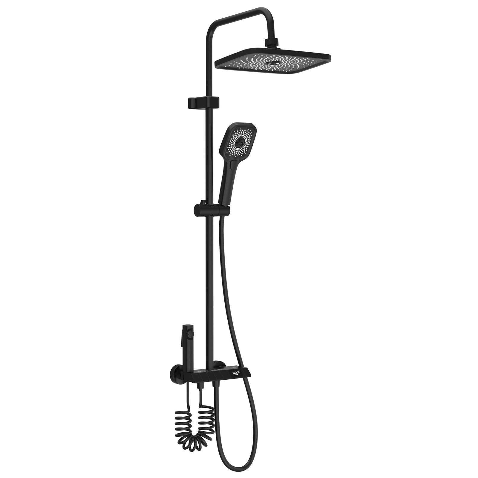 Thermostatic Shower Mixer Set, Thermostatic Shower Faucet with LED Digital Temperature Display, 29x19.6cm Rainfall Shower Head, Handheld Shower, and Multi-Function Jet Spray for Bathrooms - Black