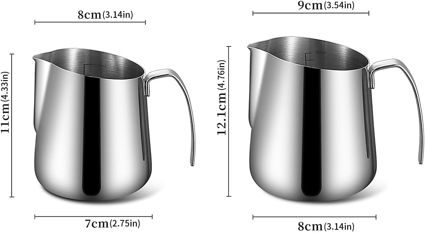 Frothing Pitcher for Coffee Prep, Stainless Steel with Marked Interior, Angled Pour Spout and Easy Hold Side Handle Angled Spout and Grip Handle for Latte Pouring Tasks