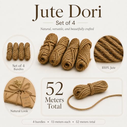 Image of Jute Cord for Craft Project /Natural Jute Rope /Jutes Twisted Cord for Art and Craft 4 ply 3 mm Jute Dori (Total 53 Meters, 13 m Each) (Set of 4 Piece) Brown