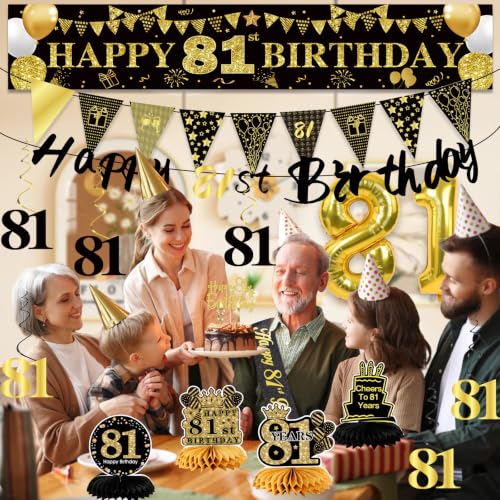 Image of 81st Birthday Decorations for Men, Black Gold 81st Party Decoration Kits