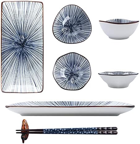 Artcome 10 Pcs Japanese Style Ceramic Sushi Plate Dinnerware Set for Wedding Housewarming - 2 Sushi Plates, 2 Sauce Dishes, 2 Snack Bowl, 2 Pairs of Chopsticks, 2 Chopsticks Holders, Blue