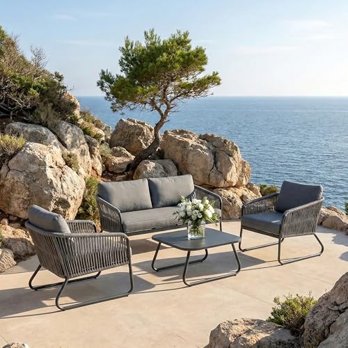 Image of Amazon Brand - Solimo Solix Outdoor Rope Sofa Set | Balcony Sofa | Patio Conversation Sets | Braided Rope Garden Sofa Set and Center Table (4 Seater-Grey New)