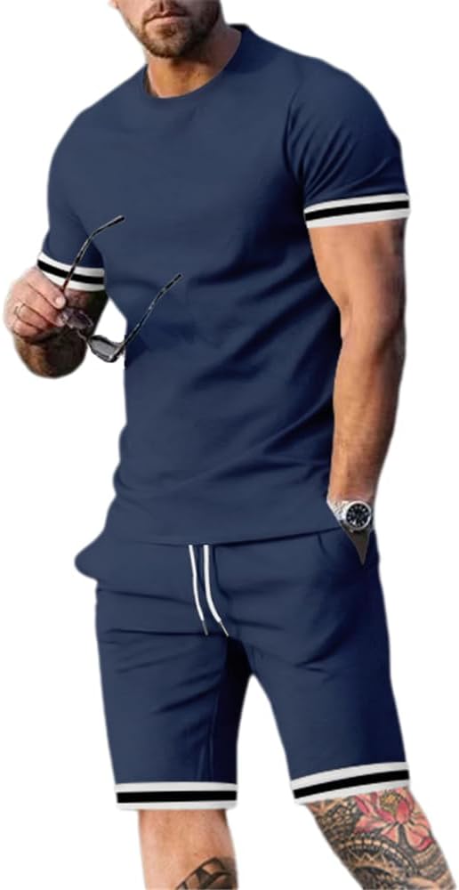 Men Sportswear Set Summer Men Short Sleeve Running Shirt Fitness Breathable 2-Piece Sportswear Mens Outdoor Comfortable Sweat Absorption Men Sports Shirt