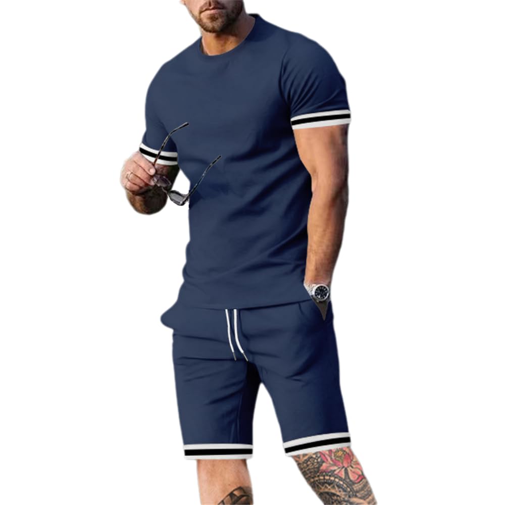 Men Sportswear Set Summer Men Short Sleeve Running Shirt Fitness Breathable 2-Piece Sportswear Mens Outdoor Comfortable Sweat Absorption Men Sports Shirt