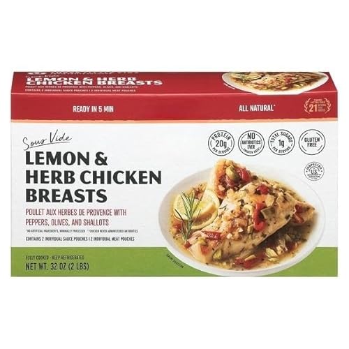 Lemon & Herb Chicken Breasts , Poulet Aux Herbes De Provence with Peppers, Olives, and Shallots. Contains 2 Individual Sauce Pouches & 2 Individual Meat Pouches. Keep Refrigerated; Gluten Free; No Artificial Ingredients. 2 pk .. [ 32 oz , 2 lb ]
