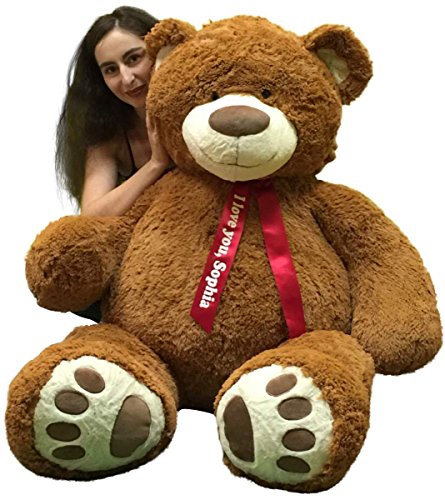 Custom Personalized 5 Foot Very Big Smiling Teddy Bear Five Feet Tall - Your Name Or Message Imprinted On Bear's Neck Ribbon Bow - Cookie Dough Brown Color With Bigfoot Paws Giant Stuffed Animal Bear #TOP4