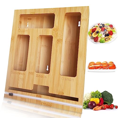 Ziplock Bag Storage Organizer with Cling Film Dispenser and Cutter Food Baggie Dispenser Foil Wax Paper Dispenser 5 in 1 Wall-Mount Kitchen Drawer Bamboo Holder for Gallon Snack Sandwich Quart Bags