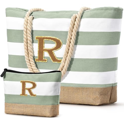 Becokan Bolsa de praia inicial com bolsa de maquiagem à prova d'água para praia, itens essenciais de viagem, presentes personalizados para mulheres, Verde claro, Large