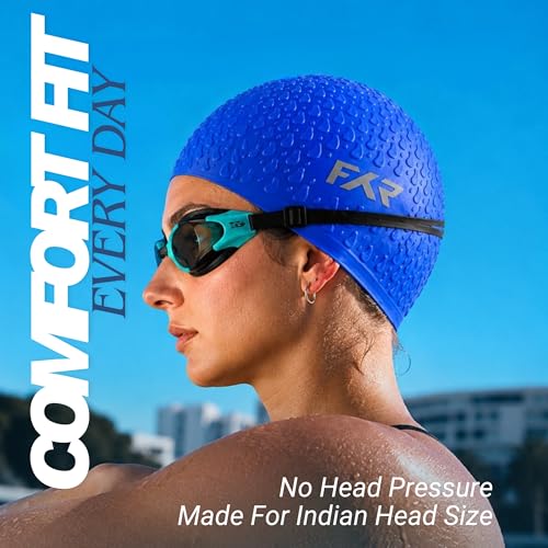 Image of Swimming Cap for Men, Women & Kids 6-14 Boys Girls |100% Silicone Swim Cap for Long Hair| Indian Head Size Cap Comfort (Oceanic Blue, Embossed)