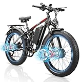 Qweepei Dual Motor Ebike - Peak 3000W 52V Electric Bike for Adults 23AH UL Certified Battery Fast 37MPH 87 Miles Long Range Full Suspension Fat Tire Mountain Electric Bicycle for Men (Black red)