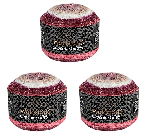 Cupcake Glitter Simli Ovillo de lana para tejer, 150 g cada una, 450 g, para tejer y ganchillo, lana turca, degradado de color brillante (3080 Baya, Beige, Marr)