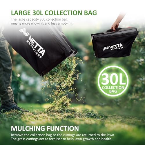 NETTA Cordless Lawnmower 20V - Brushless Motor Lawn Mower with 4.0Ah Battery & Charger - 33cm Width, 5 Heights, Mini Lawn Mower for Small Garden - Battery Operated Lawnmower - 30L Box - Image 7