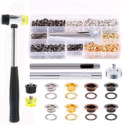 Swpeet 246 juegos de 1/4 pulgadas – 6 mm 4 colores ojales, kit surtido con herramienta de instalación de ajuste, incluye mazo suave y ligero, zapatos para cinturón de tela de cuero, ropa