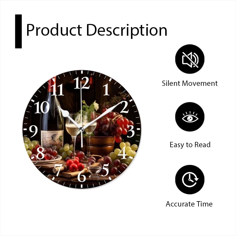 Battery Operated Round Wall Clock Non-Ticking Silent Analog Clcok Decorative for Living Room,Office,Kitchen-Bottle of Wine, Glasses and Grapes On Rustic Table(12inch)