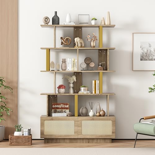IDEASY Estantería con puertas de ratán, dispositivo de seguridad y estantes abiertos, unidad de visualización de diseño moderno en combinación de madera y metal, 105 x 31,7 x 160 cm