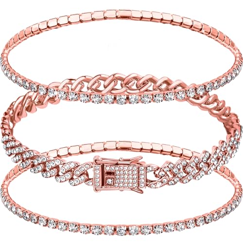 Sureio 3 Pcs Anklets Bracelet for Women Adjustable Diamond Tennis Cuban Style Link Anklets for Women Wedding Fashion Gifts(10 Inch Rose Gold)