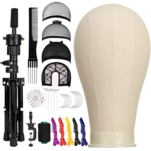 Szcy Llc 23 Inch Canvas Block Wig Head, Wig Stand Tripod With Head, Mannequin Head For Wigs, Manikin Canvas Head Block Set For Wigs Making Display With Wig Caps, T Pins C Pins Set Bristle Brush #TOP12