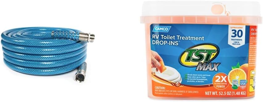Camco Premium Drinking Water Hose (21009) and TST MAX Camper/RV Toilet Treatment Drop-INs (41183) Bundle