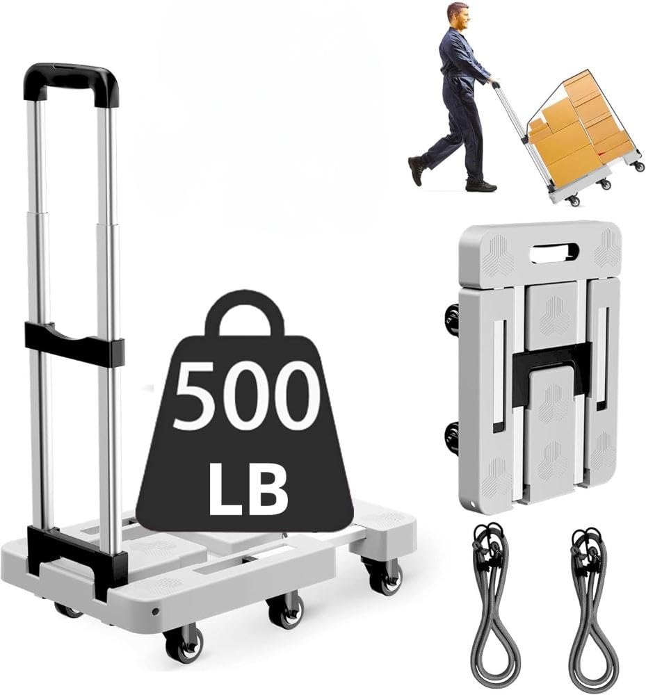 Carretilla de mano plegable, carrito resistente de 6 ruedas, capacidad de 500 libras, mango y base ajustables, plataforma portátil para mudanzas, oficina y viajes, incluye 2 cuerdas y bolsa de