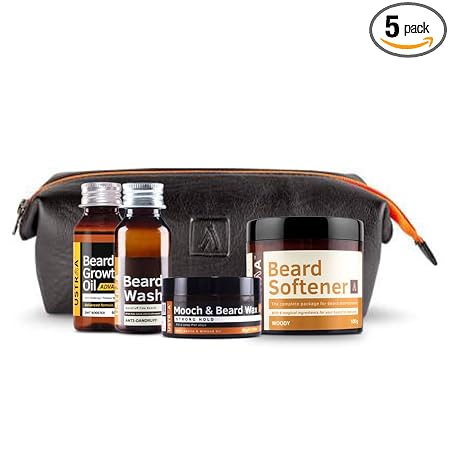 USTRAA Beard Lovers Pack - Ustraa Beard Growth Oil - Advancel 60ml, Ustraa Beard Wash 60 ml, Ustraa Mooch Wax 50g, Ustraa Beard Softener 100g, and Ustraa PU kit bag