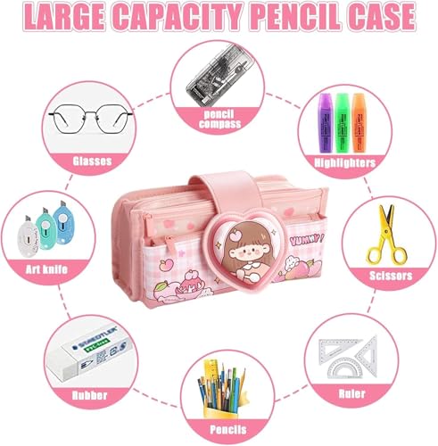 Image of Invite Canvas Kawaii Pencil Case 3 Compartment Cute Aesthetic Pencil Case for Girls Large Capacity Pen Pencil Pouch Multifunctional Stationery Organizer for School Office Kids (Heart shape-Light Pink)