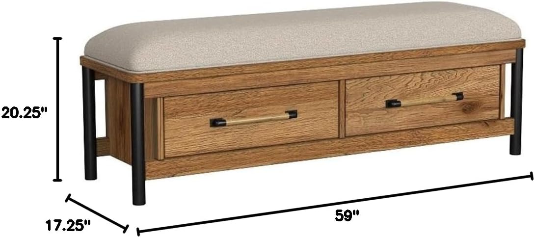 Pemberly Row Modern Storage Bench, Hickory Finish, Upholstered Cushioned Seat, 2 Drawer Design with Cedar Panel Bottoms, Rustic Wood and Metal Hardware, Industrial Style Bedroom Furniture