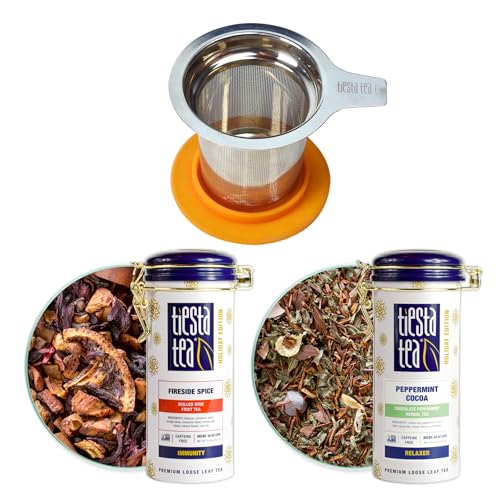 Image of Tiesta Tea - Holiday Cheer Tea Gift Set, Loose Leaf Holiday Blends with Infuser, Non-Caffeinated, Stainless Steel Brewbasket & 2 Refillable Tin Combo, Fireside Spice & Peppermint Cocoa